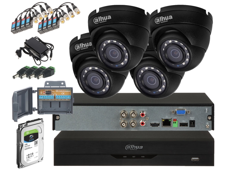 Zestaw monitoring Dahua 4 kamery HAC-HDW1200M-0280B-S4-BLACK Full HD 2Mpx 2.8 mm IR-30m